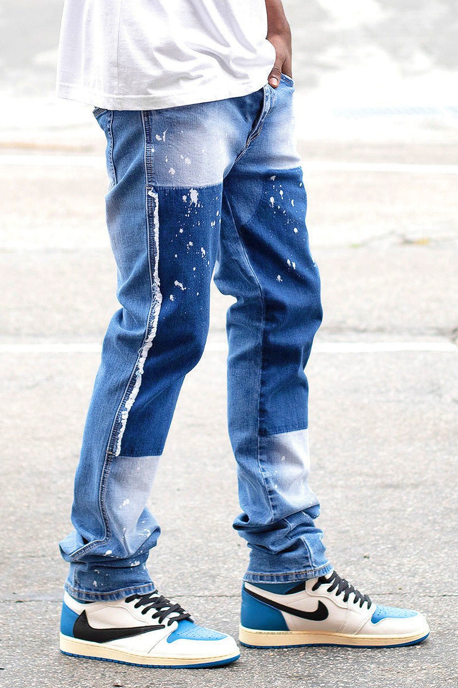 Men's Stacked Fit Repaired Paint Splatter Denim Jeans