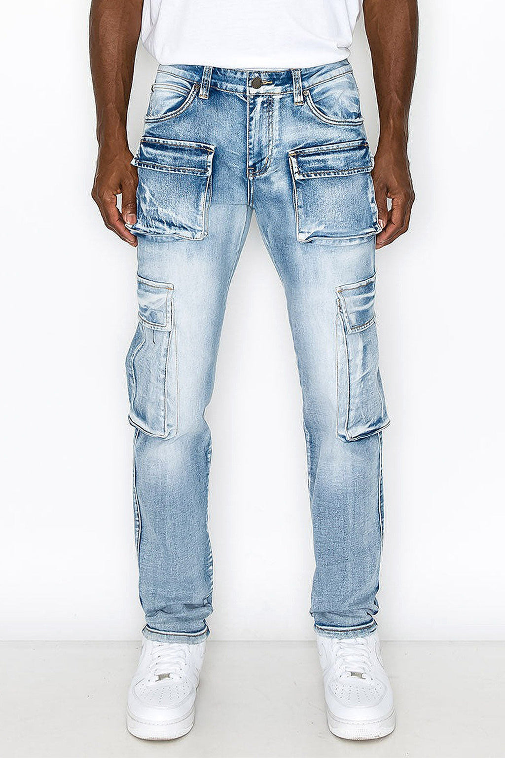 Indigo utility jeans, front view