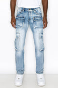 Indigo utility jeans, front view