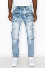Indigo utility jeans, front view