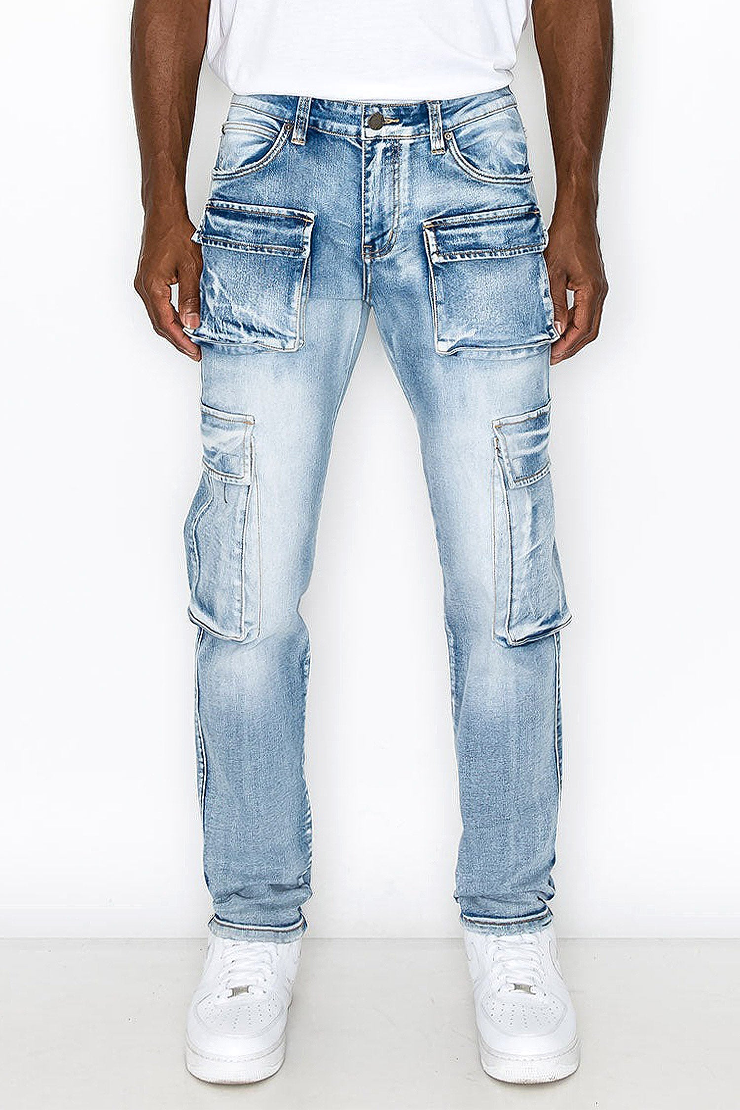 Indigo utility jeans, front view