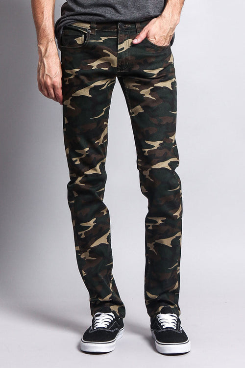 Camo print skinny pants, front view