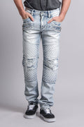 Washed blue ripped biker jeans