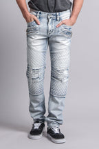 Washed blue ripped biker jeans