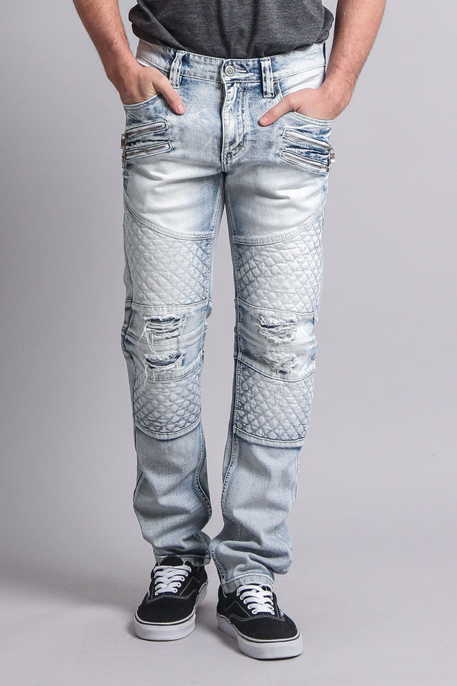 Washed blue ripped biker jeans