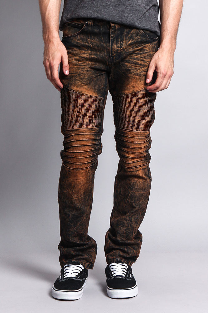 Stain washed biker jeans, front view