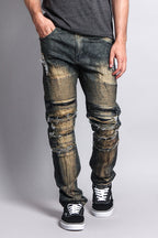 Washed indigo biker jeans, front view