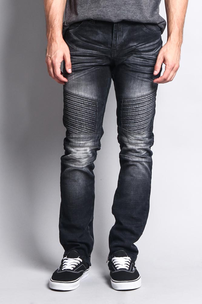 Faded biker pants, front view