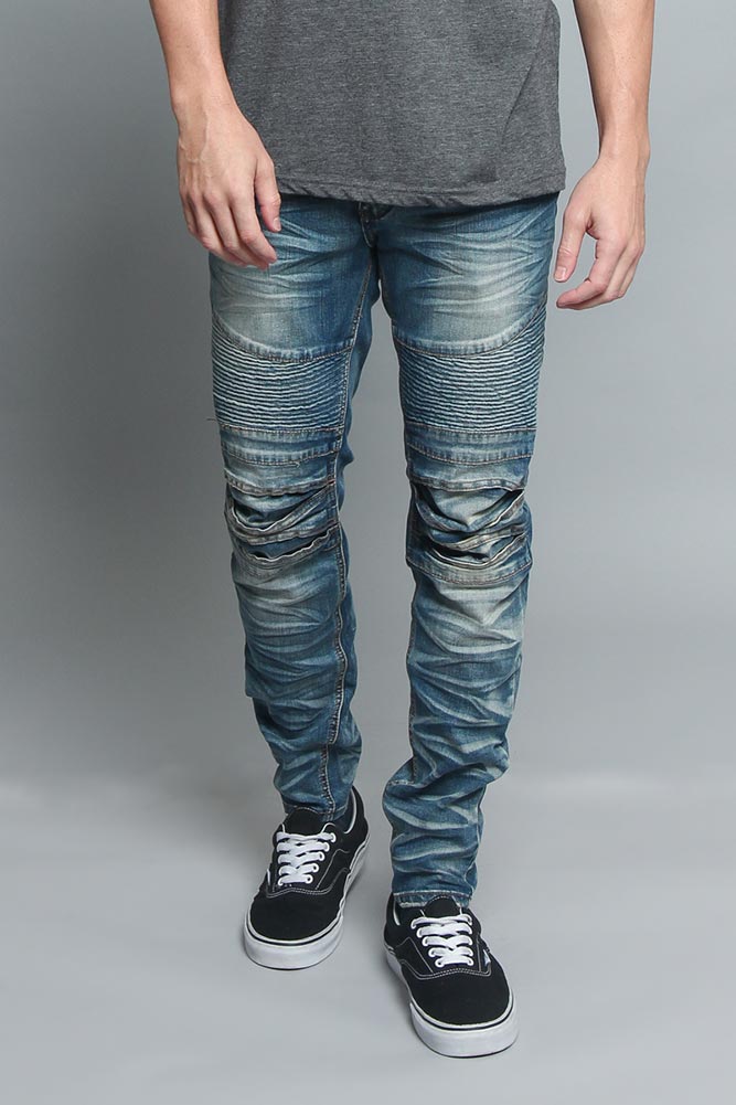 Creased skinny biker jeans, front view