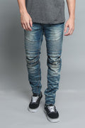 Creased skinny biker jeans, front view