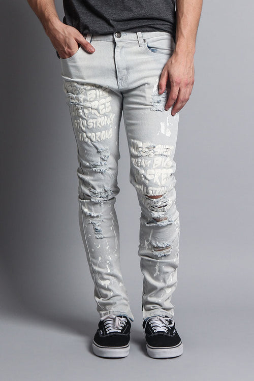 Printed text running down the leg