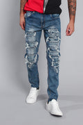 Distressed indigo jeans, front view