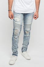 Threadbare surface worn thin at the knee