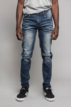 Indigo skinny jeans with knee slits