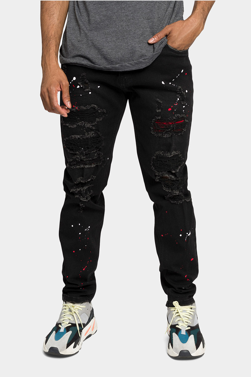 Indigo skinny jeans with paint splatter