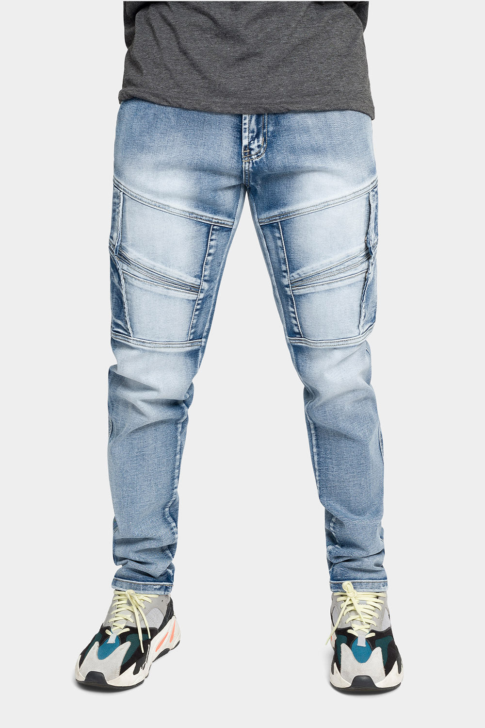 Indigo skinny moto jeans, front view