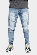 Indigo skinny moto jeans, front view