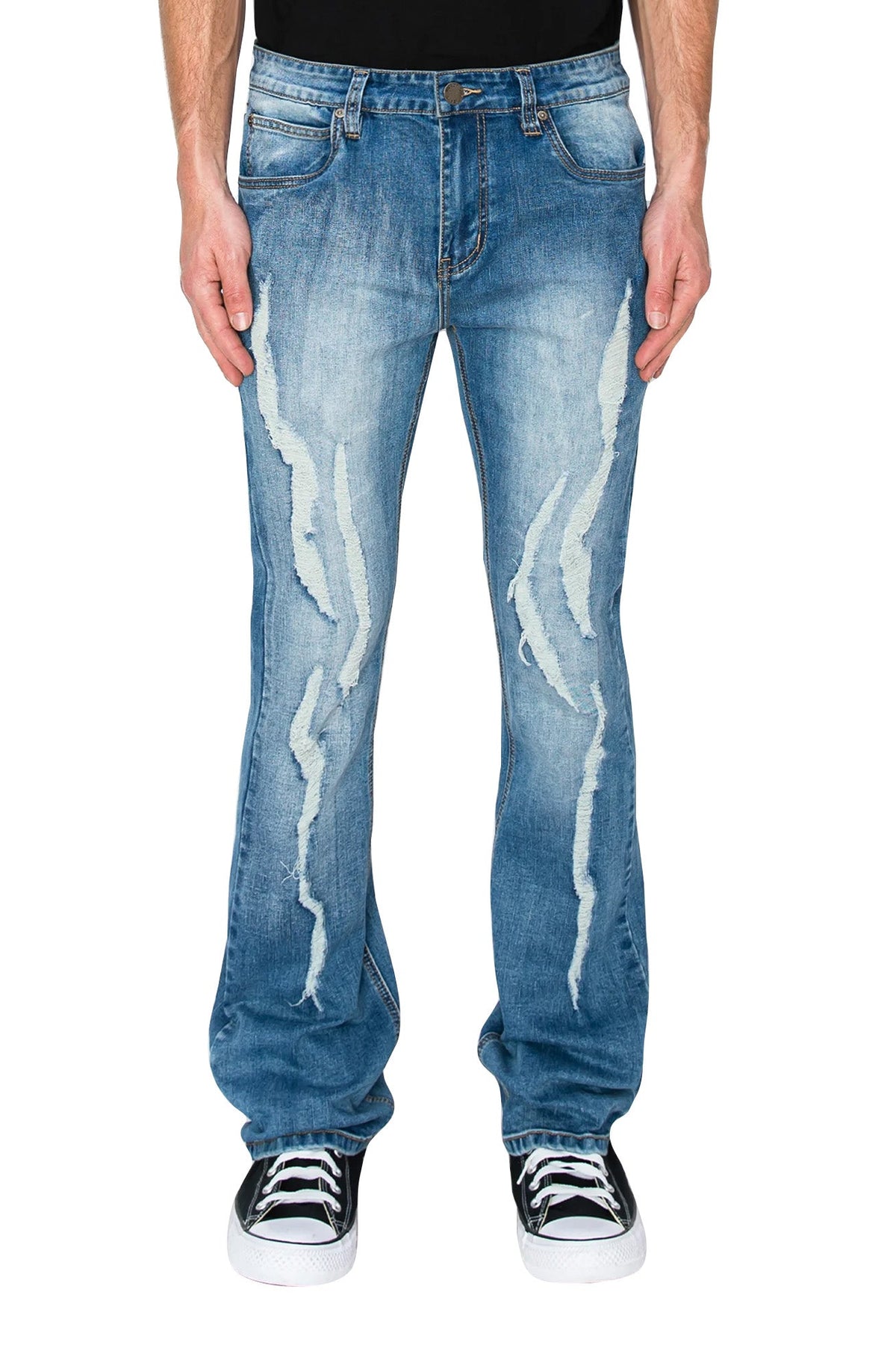 Indigo bootcut jeans worn front on