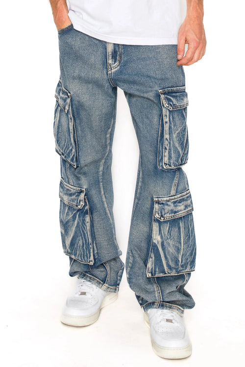 Washed baggy jeans with double cargo pockets