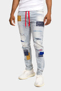 Ice blue skinny jeans worn front on